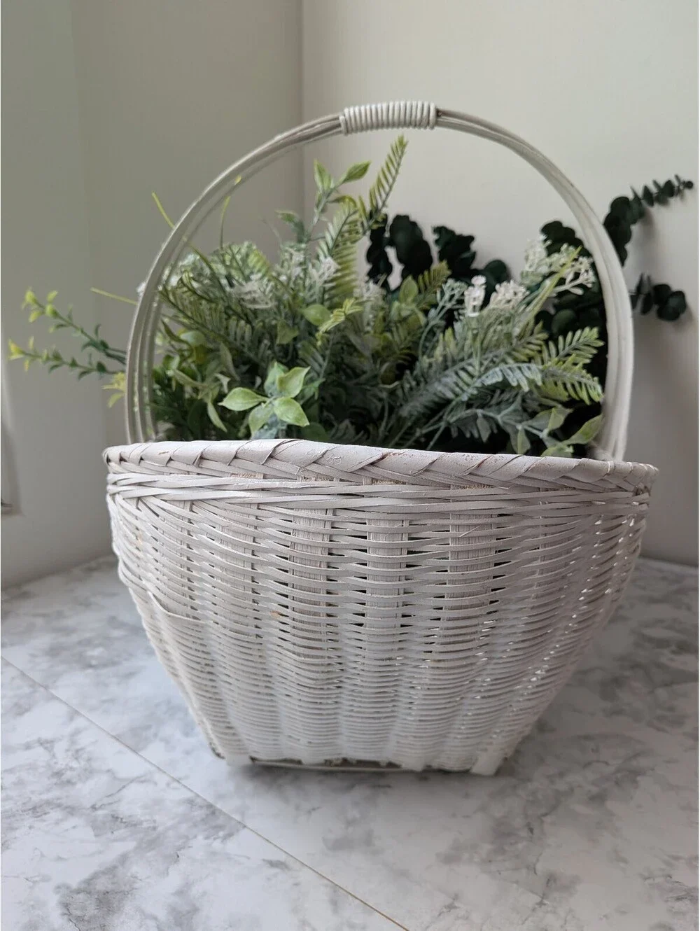 Vintage double-hooped arched handle white-washed basket picnic flower gathering